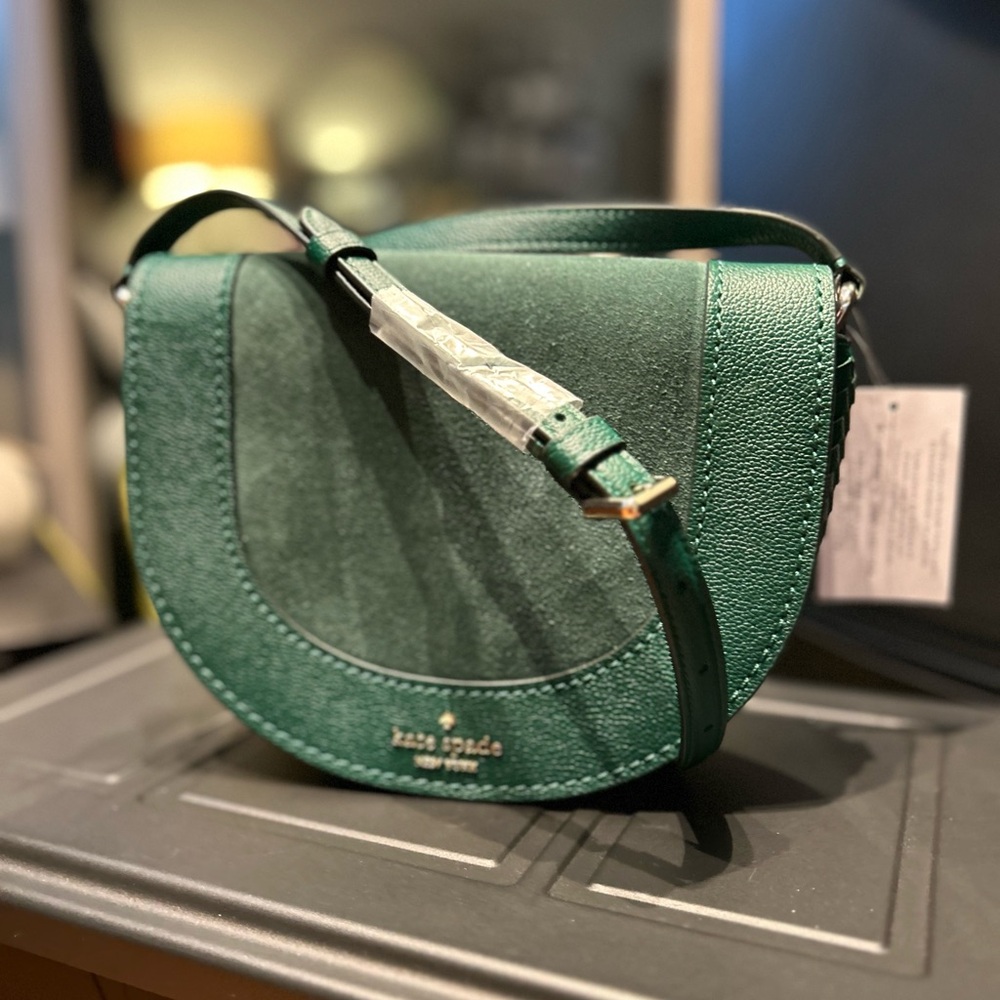 Kate Spade Luna Suede Mixed Materials Crescent Crossbody Handbag Green